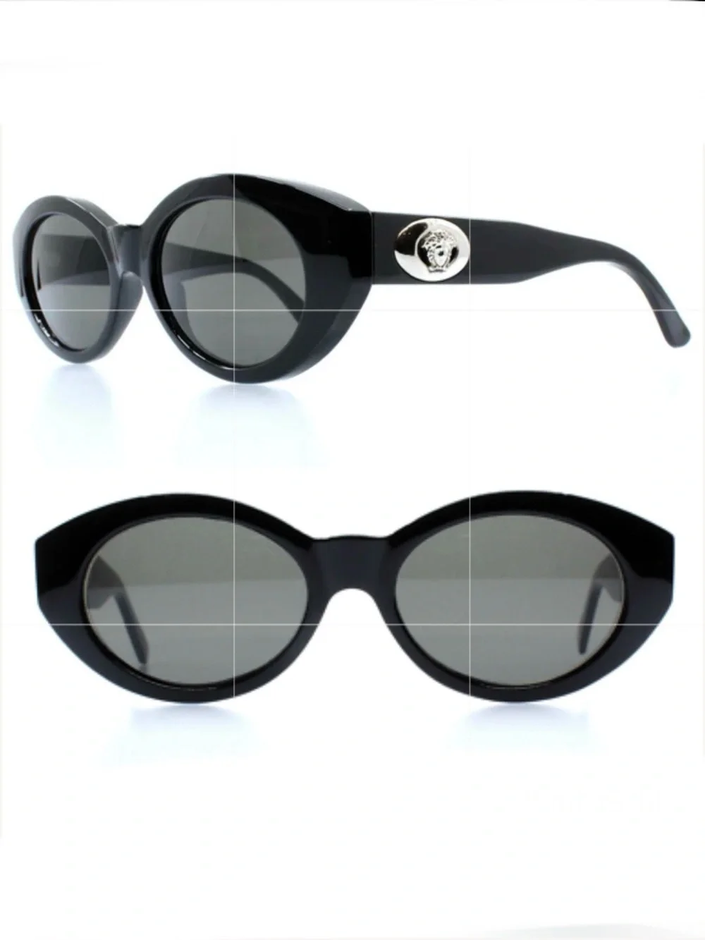 VERSACE MOD 480/A N52 Bold Black Frame Oval Lenses Silver Metal Logo Sunglasses